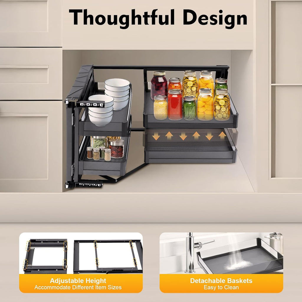 Blind Corner Cabinet Pull Out Organizer 2 Tier with 4 Detachable Shelves Magic Pull Out Deep Corner Cabinet Organizer Narrow Blind Cabinet Pull Out (Aluminum, Left/Right Open)