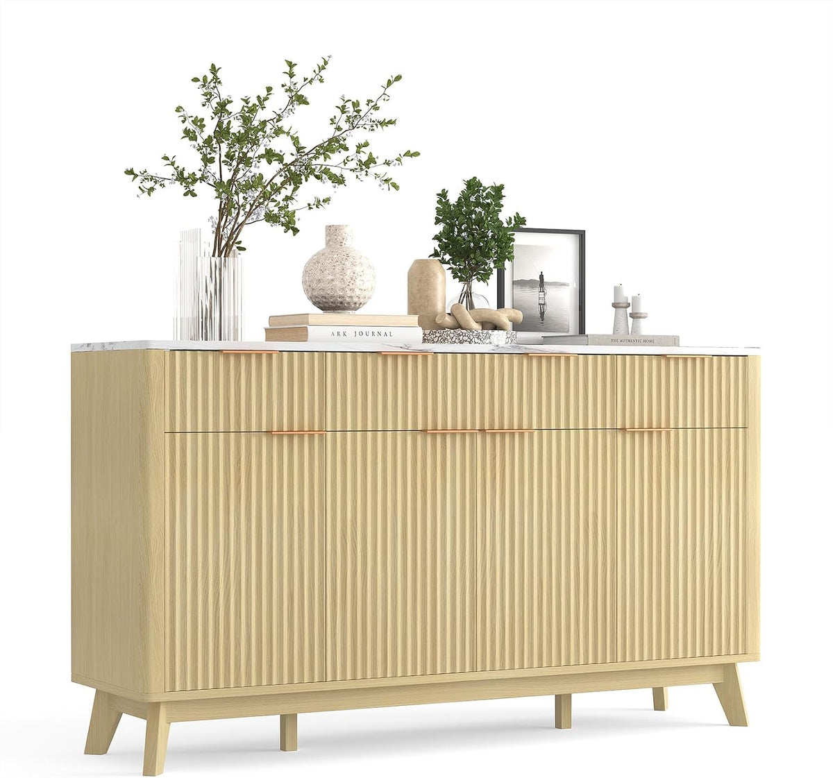 IDEALHOUSE 60' Large Farmhouse Sideboard Buffet Cabinet with Storage Drawers & Adjustable Shelves, Wood Fluted Buffet Storage Cabinet & Coffee Bar Console Table for Living Room & Kitchen Dining Room