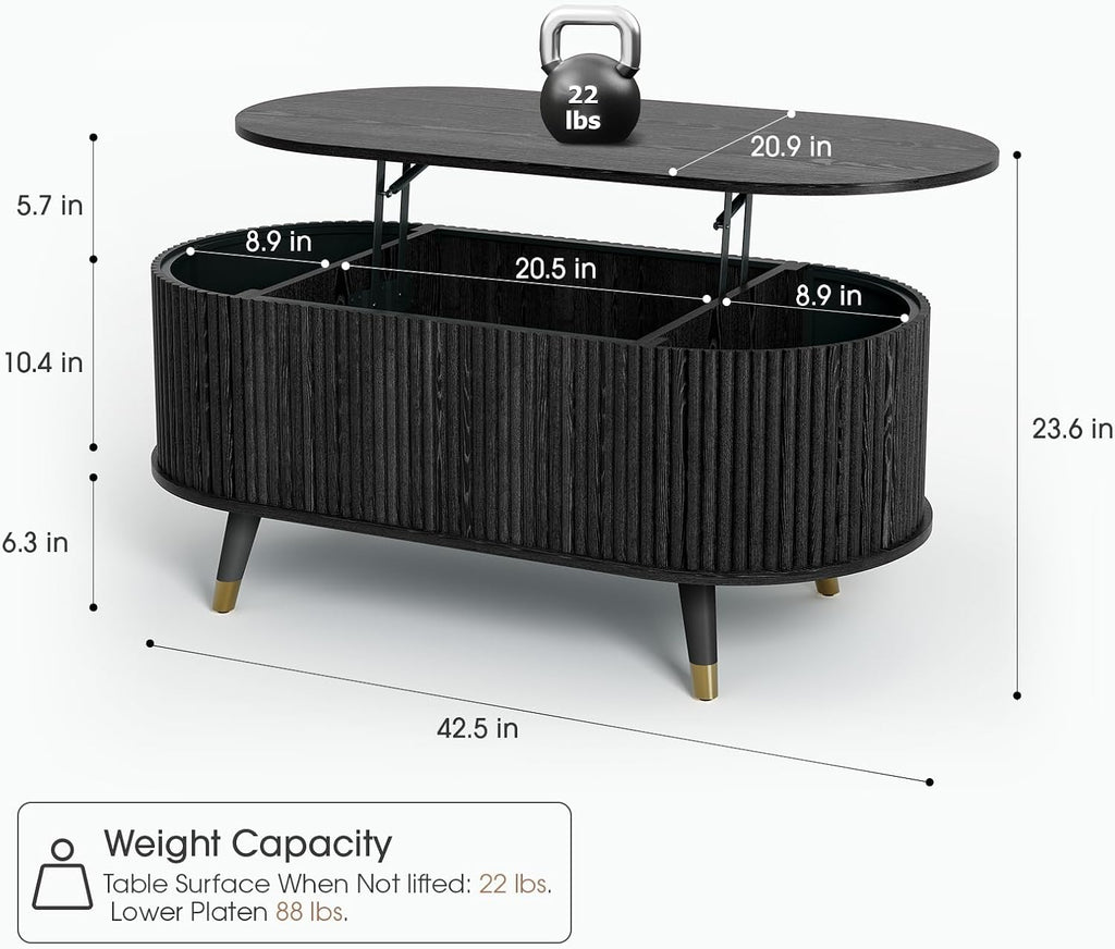 Jiansu furni Lift Top Coffee Table with Storage,42.5' Oval Coffee Table with Hidden Compartment & Solid Wood Legs,Modern Fluted Center Table for Living Room,Home Office,Black