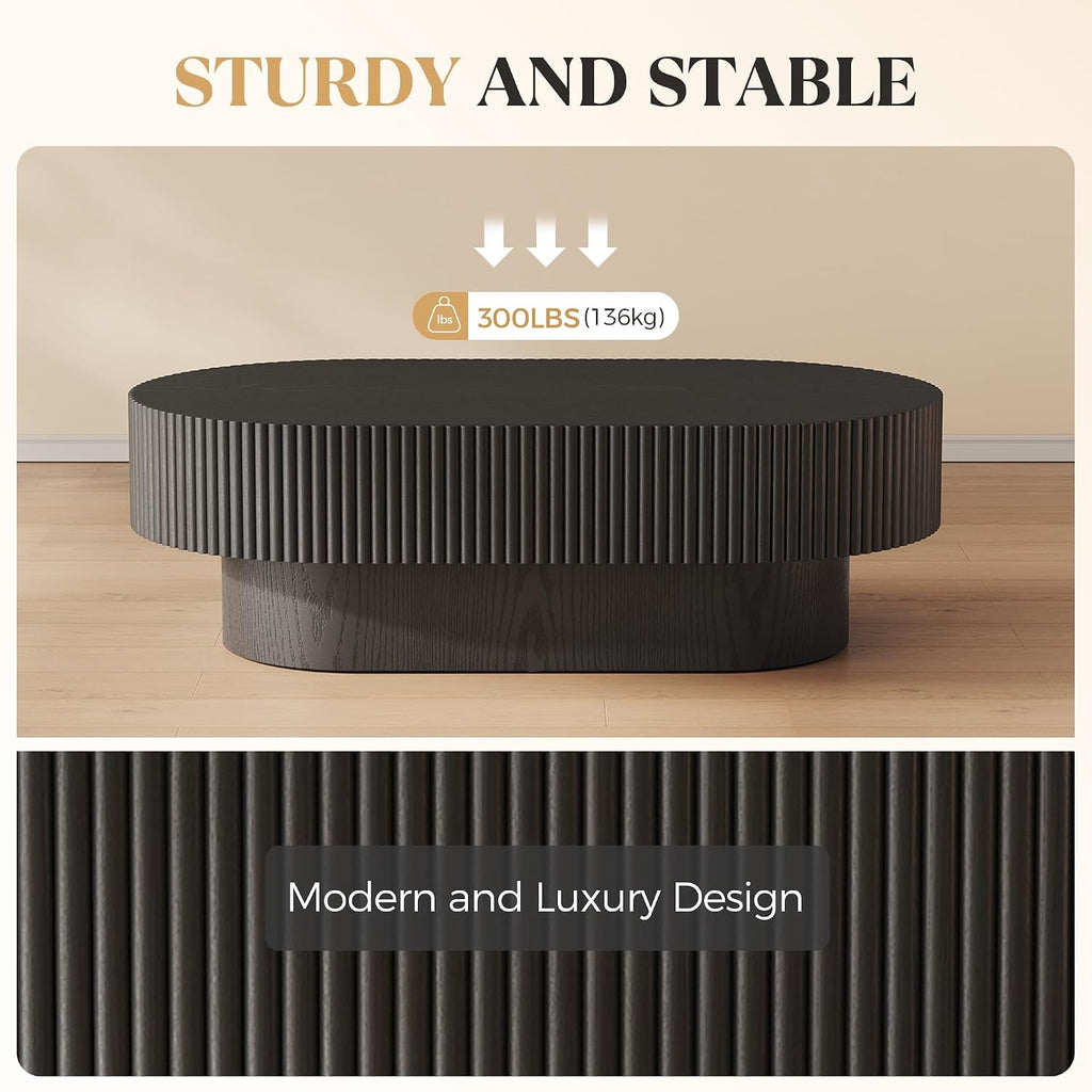 YOUDENOVA 43.7' Oval Coffee Table, Modern Wood Fluted Coffee Table for Living Room, Veneer Handcrafted Relief Center Table with Sturdy Pedestal，Easy Assembly - Black