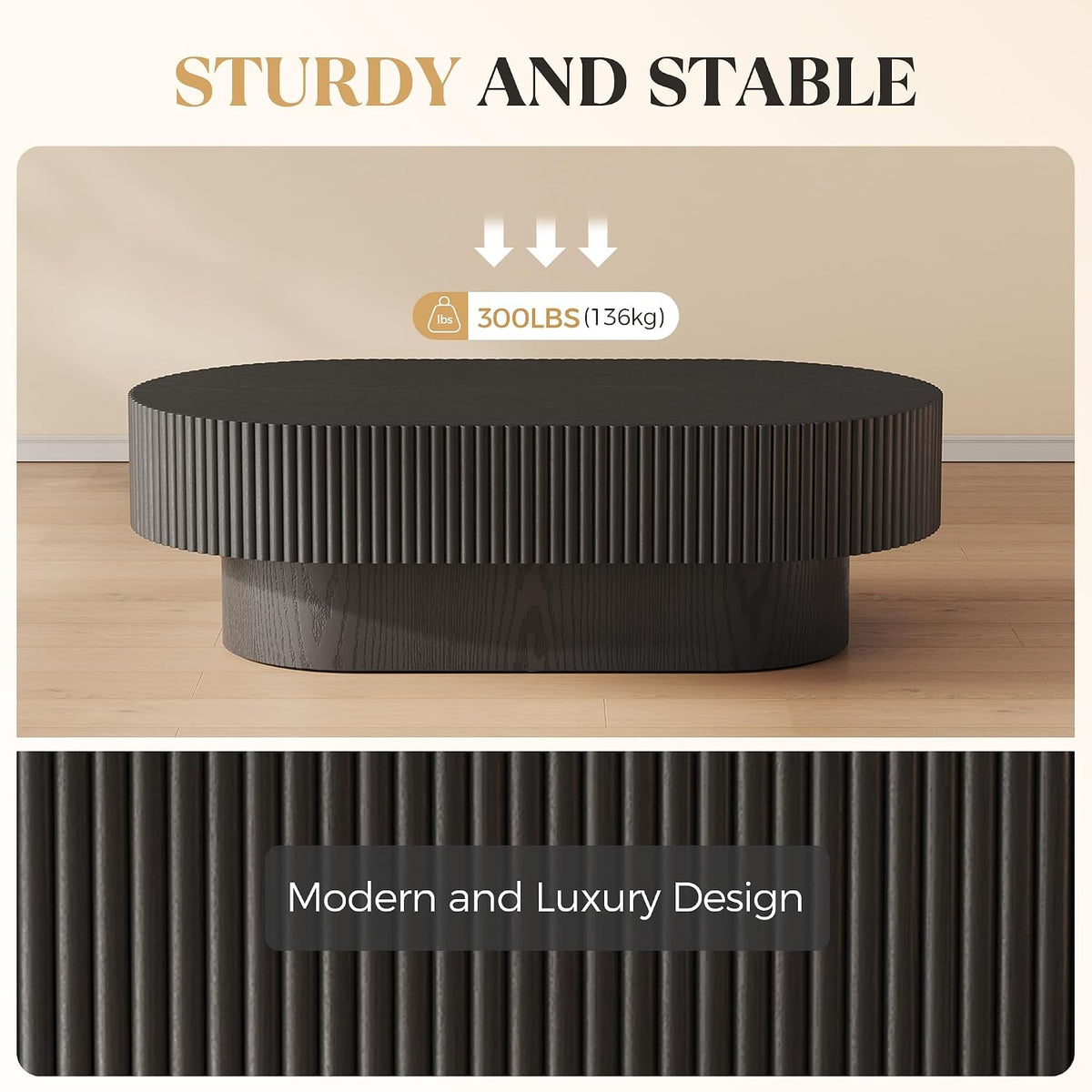 YOUDENOVA 43.7' Oval Coffee Table, Modern Wood Fluted Coffee Table for Living Room, Veneer Handcrafted Relief Center Table with Sturdy Pedestal，Easy Assembly - Black