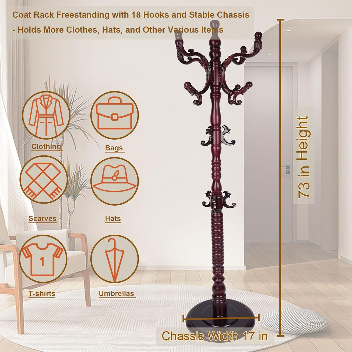 Coat Rack Freestanding with 18 Hooks, Wooden Standing Coat Racks for Entryway, Solid Wood Clothes Hanger Rack with Sturdy Round Base for Entryway, Hall, Bedroom, Office, Hallway