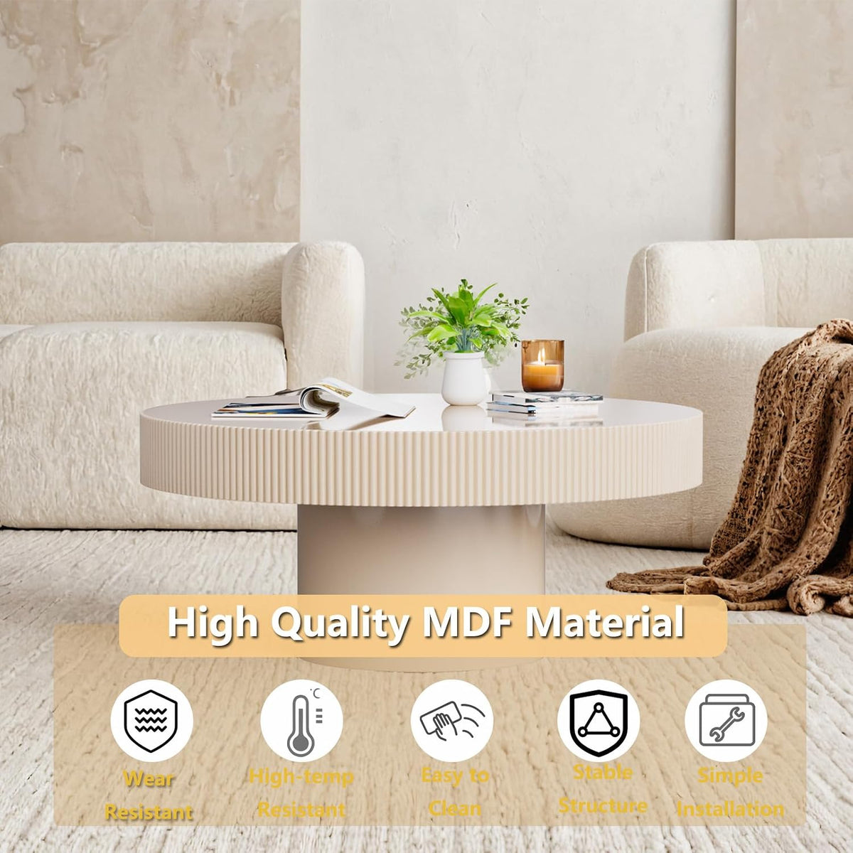 Cream Rustic Drum Round Coffee Table Modern Circle Center Table Circular Vintage Fluted Coffee Tables with Stable Pedestal, for Living Room Bedroom Farmhouse Office (P31.49IN)