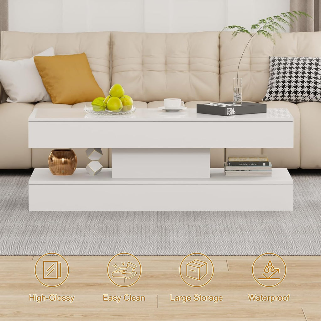 47.2 Inch Coffee Table with LED Lights, Modern High-Gloss Open Shelf Design, 2-Tier Floating Center Table with Illumination, Large LED Coffee Table for Living Room (Pur White)