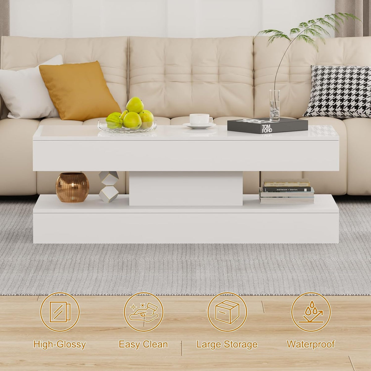 47.2 Inch Coffee Table with LED Lights, Modern High-Gloss Open Shelf Design, 2-Tier Floating Center Table with Illumination, Large LED Coffee Table for Living Room (Pur White)