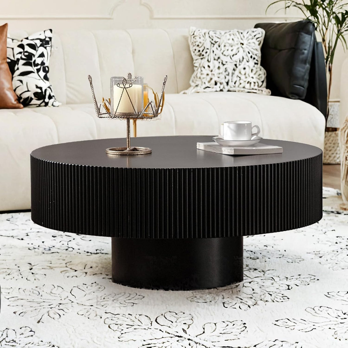 Modern Round Coffee Table for Living Room Drum Round Fluted Coffee Table Circular Pedestal Center Table for Office Patio (Black Thick)
