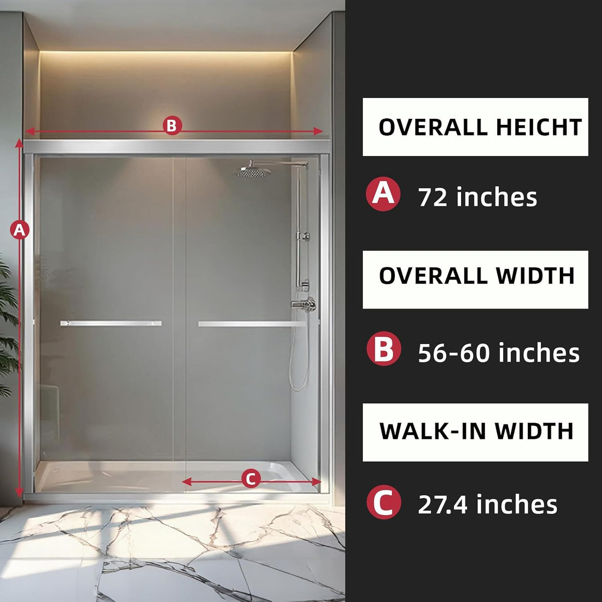 Shower Door 56-60' W x 72' H, Semi-Frameless Double Sliding Glass Shower Door, 1/4' (6mm) SGCC Tempered Glass Bathroom Sliding Door, Chrome Silver Finish, 304 Stainless Steel Hardware