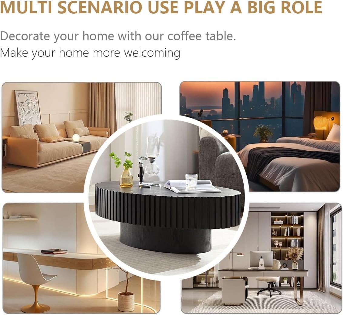 WXFKLDJ Oval Drum Coffee Table Black Fluted Coffee Table Wood Circle Center Table Pedestal End Table for Apartment Living Room (Black Oval)