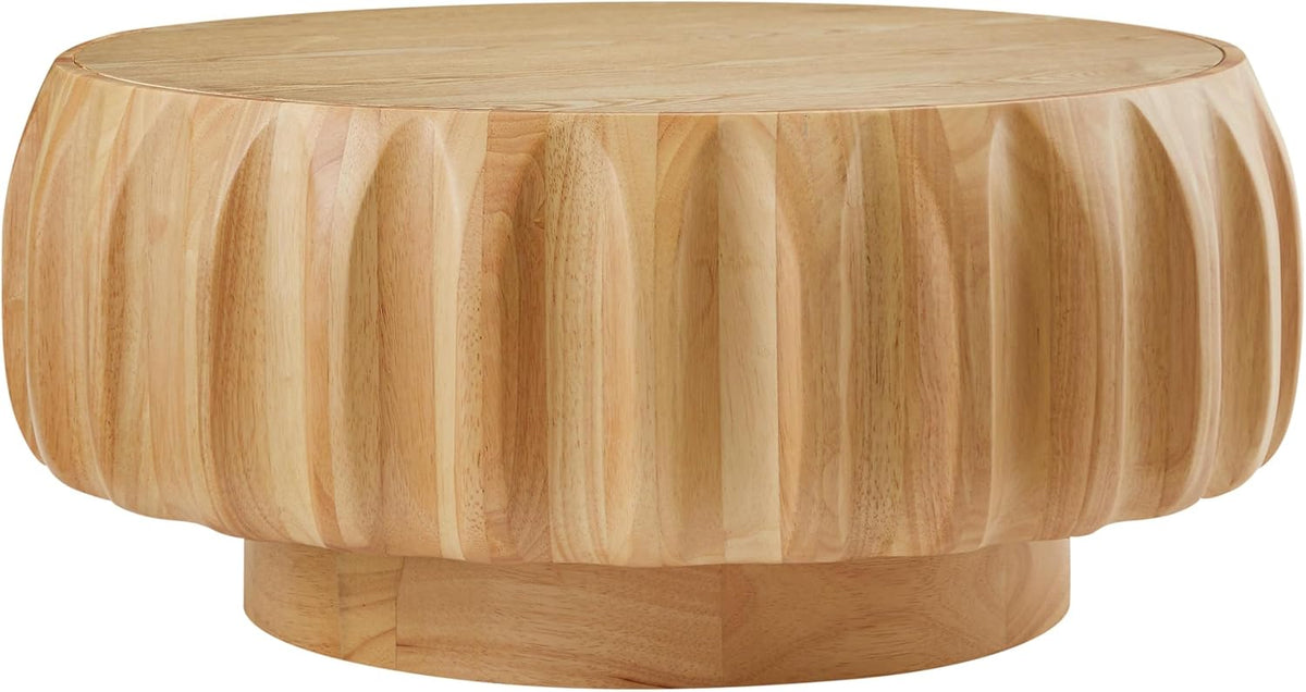 31.5' Round Coffee Table with Curved Fluted & Ash Veneer, Modern Circle Wood Center Table, Drum Tea Table Accent Side End Table for Living Room Apartment, Oak