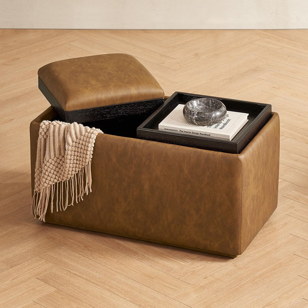 mopio Levi Storage Bench with Reversible Tray, Modern Storage Coffee Table, Bedroom Bench, Rectangular Cube Upholstered Coffee Table Ottoman for Living Room, Bedroom (Faux Leather, Pecan Brown)