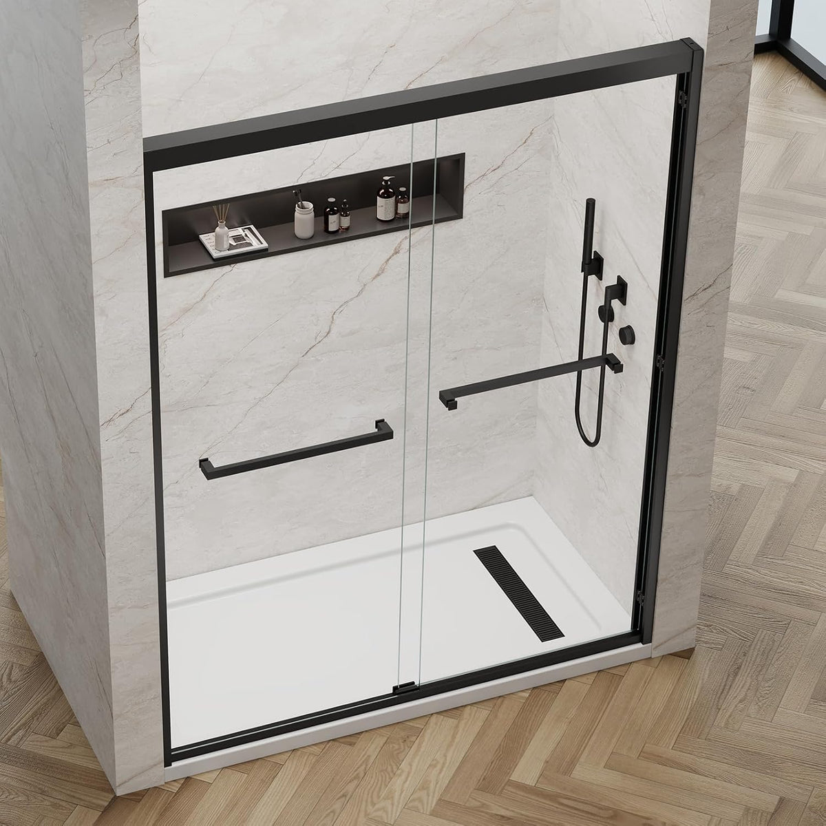 Double Sliding Shower Door 56-60 in. x 76 in., 5/16' (8mm) Tempered Glass, Double Nano Coated Glass, Easy to Clean, Dual Sliding Door for Bathroom - Matte Black