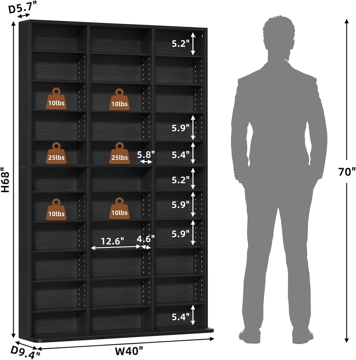 LELELINKY 11 Tier Tall Display Cabinet, Black Media Storage Cabinet with Adjustable Shelves, Free Standing DVD Organizer Shelf, Floor Multimedia Storage Manga Bookshelf for Living Room & Home Office.