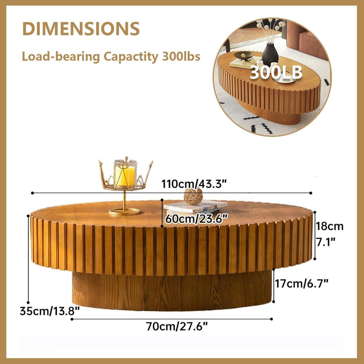 WXFKLDJ Oval Drum Coffee Table Black Round Fluted Coffee Table Wood Circle Center Table Pedestal End Table for Apartment Living Room (Light Brown Oval)
