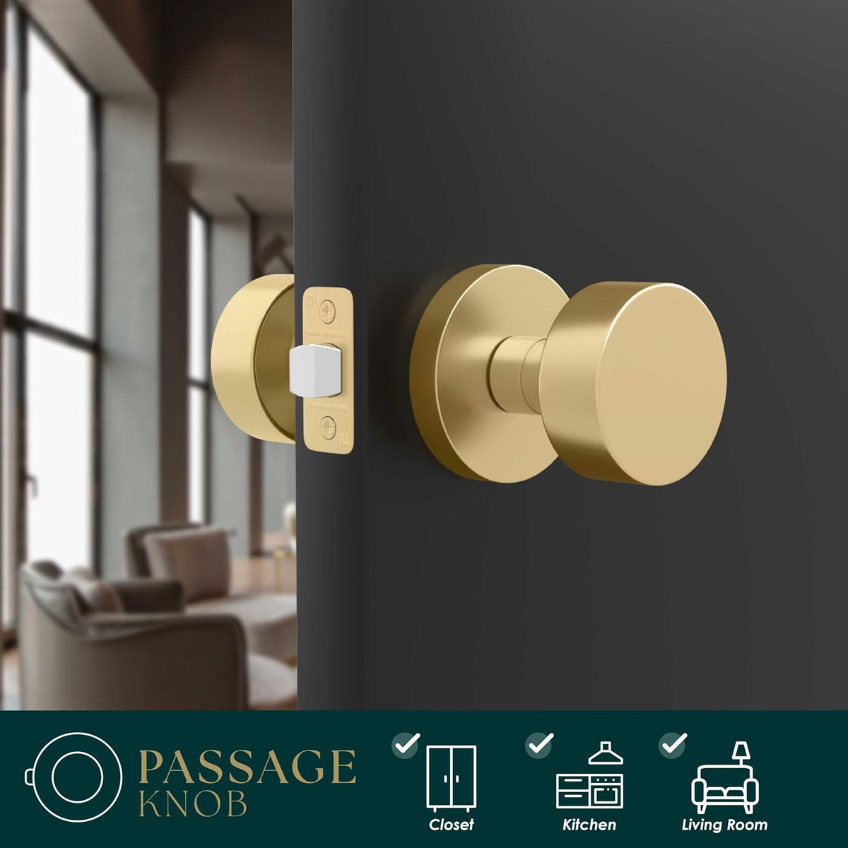 Mega Handles Buena Passage Door Knob for Hallway, Closet and Bathroom, Reversible Heavy Duty Design Door Knobs, Fits All Standard Door Sizes, Screws Included - Satin Brass (16 Pack)