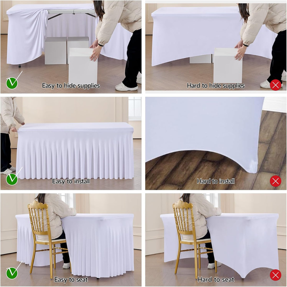 leegleri 6 Pack White Spandex Fitted Table Clothes for 8 Foot Rectangle Tables, Wrinkle Free 8ft Fitted Table Cover, Spandex Table Skirt for 8FT Rectangle Tables-for Banquet Weddings Parties