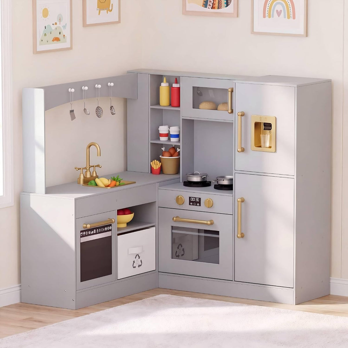 Arlopu Corner Wooden Play Kitchen with Lights & Sounds, Ultimate Pretend Cooking Toy Playset w/Utensils, Oven, Microwave, Stove, Water Dispenser (Gray)