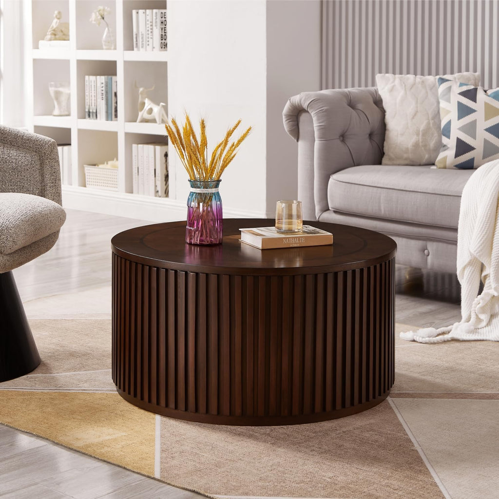 Round Lift Top Coffee Table with Storage, Wood Circle Center Table No Assembly Required with Large Hidden Compartment, Modern Drum Coffee Table for Living Room, Office (31'x31'x16')