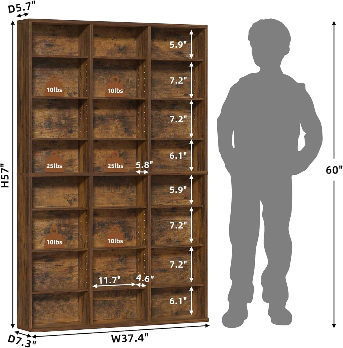 LELELINKY 8 Tier Tall Display Cabinet, Brown Media Storage Cabinet with Adjustable Shelves, Free Standing DVD Organizer Shelf, Floor Multimedia Storage Manga Bookshelf for Living Room & Home Office.