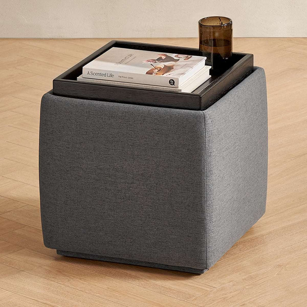 mopio Levi Storage Ottoman with Reversible Tray, Modern Square Chest Coffee Table, Upholstered Cube Sitting Foot Stools Ottoman for Living Room, Bedroom, Entryway (Fabric, Dark Gray)