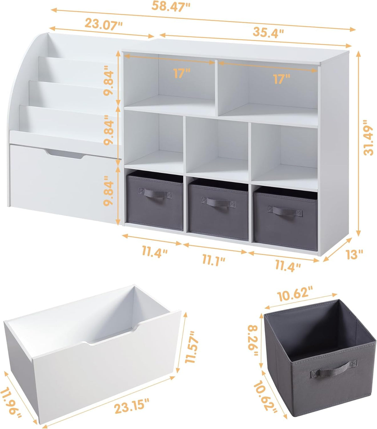 Kids Bookshelf and Toy Storage, 58.5'' Toy Storage Organizer with Movable Chests & 3 Storage Bins, Large Kids Reading Nook Toy Organizers and Storage with 5 Cubbies for Playroom, Bedroom, White