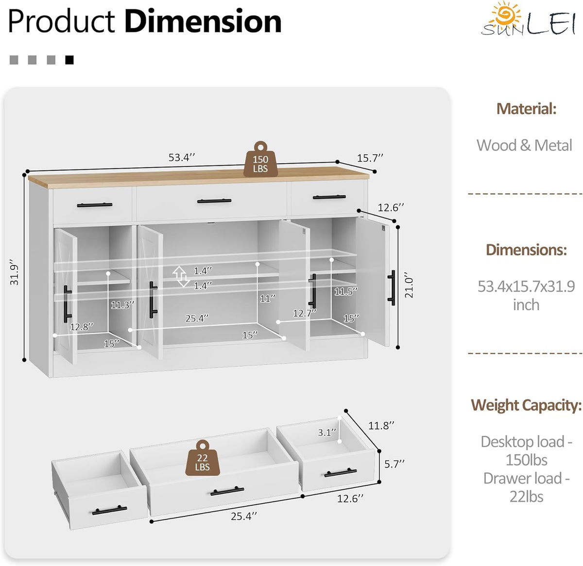SUNLEI Kitchen Buffet Sideboard Cabinet, Farmhouse Coffee Bar Cabinet with Storage, Wooden Kitchen Storage Cabinet with 4 Doors & Adjustable Shelves, Modern Sideboard for Kitchen & Living Room, Ivory