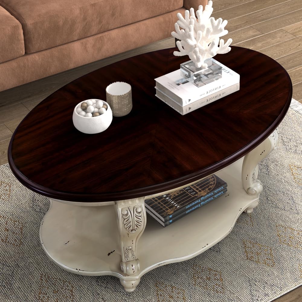 Vintage Solid Wood Coffee Table, 42' Oval Cocktail Table with Storage Shelf, Center Table with Antique Wooden Legs and Elegant Carvings for Living Room, Easy Assembly (Antique White)
