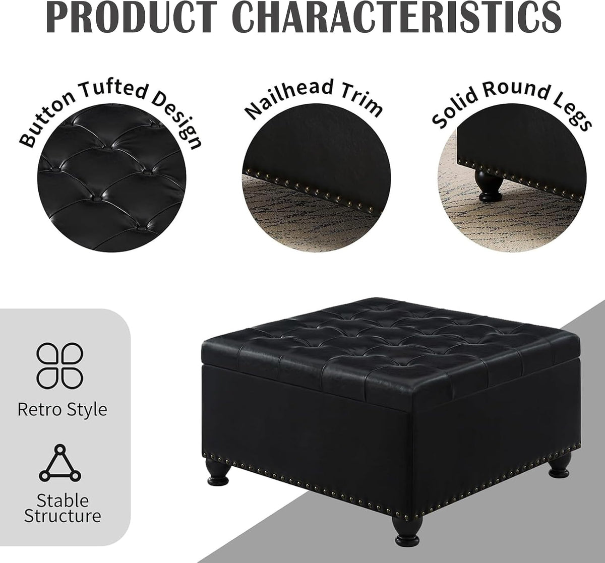 Storage Ottoman Coffee Table, 30 Inch Black Leather Square Ottoman Bench with Storage, Upholstered Tufted Footstool with Nail Trims, Oversized Coffee Table for Living Room, Bedroom