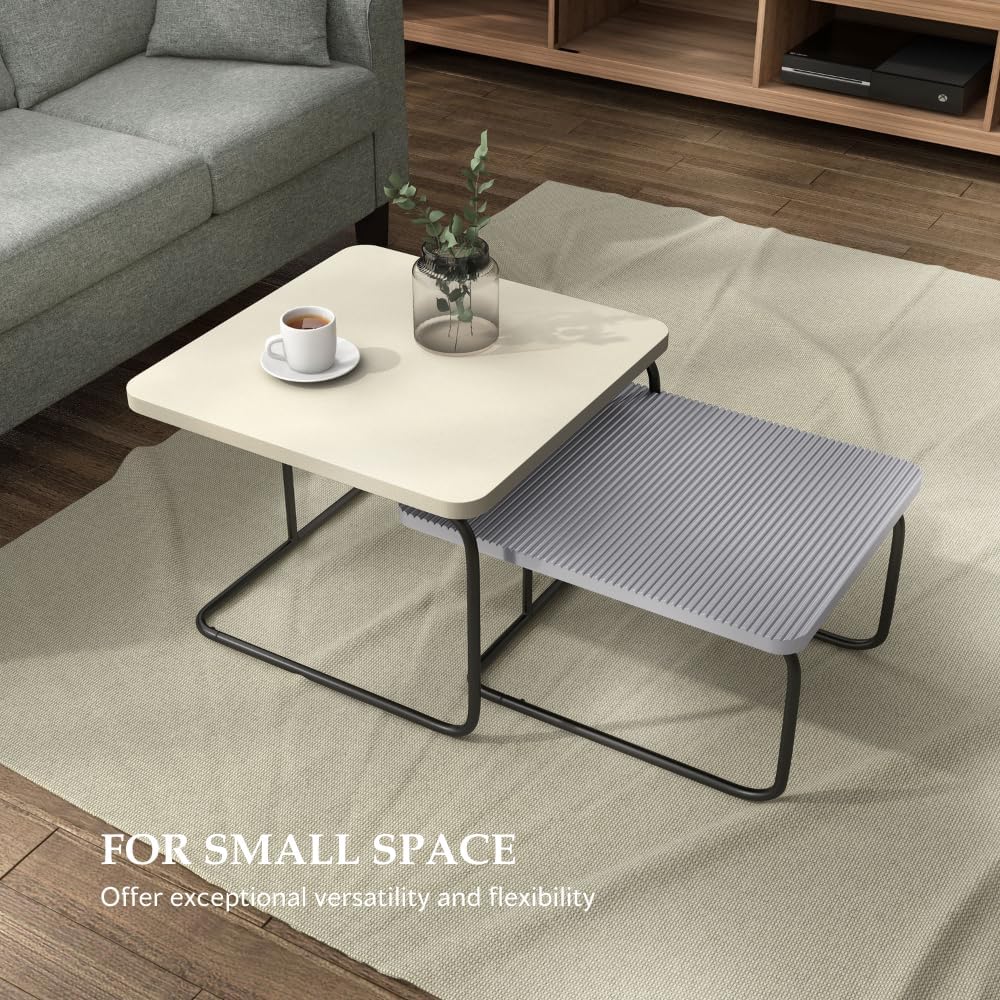 Furniture of America Chaya Modern Square Nesting Coffee Table Set of 2, Two-Tone Wood Design with Sled Base for Living Room, Bedroom, Office, Cream Weave & Grey