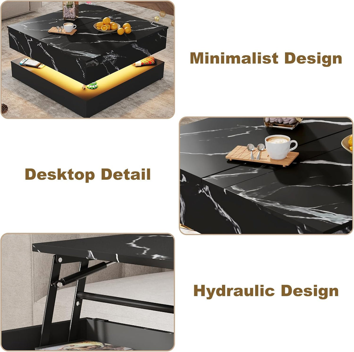 35.4' Large Square Coffee Table with Lifting top,Charging Station,Modern 2-Tier Square Center Table w/Hidden Compartment Storage,Tea Table with Wood Grain for Living Room, Office,Black Marble
