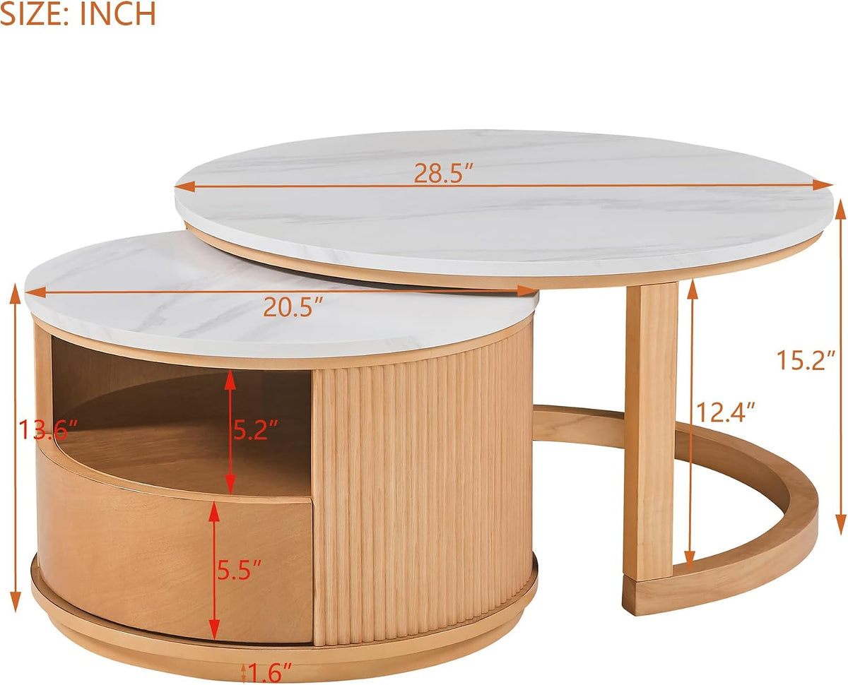 28.5' Natural Nesting Coffee Table Set of 2, Vintage Round Coffee Table for Living Room with 2-Tier Storage and 1 Drawer White Marble Top End Side Table for Bedroom