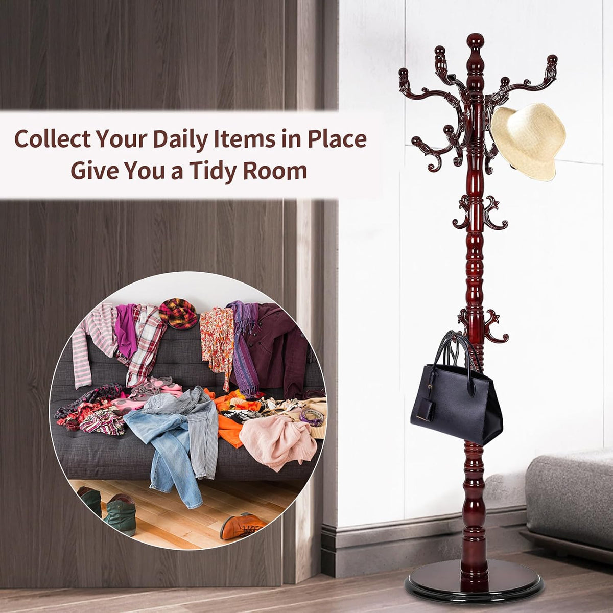 Coat Racks freestanding, High-grade Wooden Tree Coat Rack, Coat Rack Stand With 14 Hooks & Stable Disc Base, For such as coats, jackets, Home Office Hats Tree Hanger (black red)