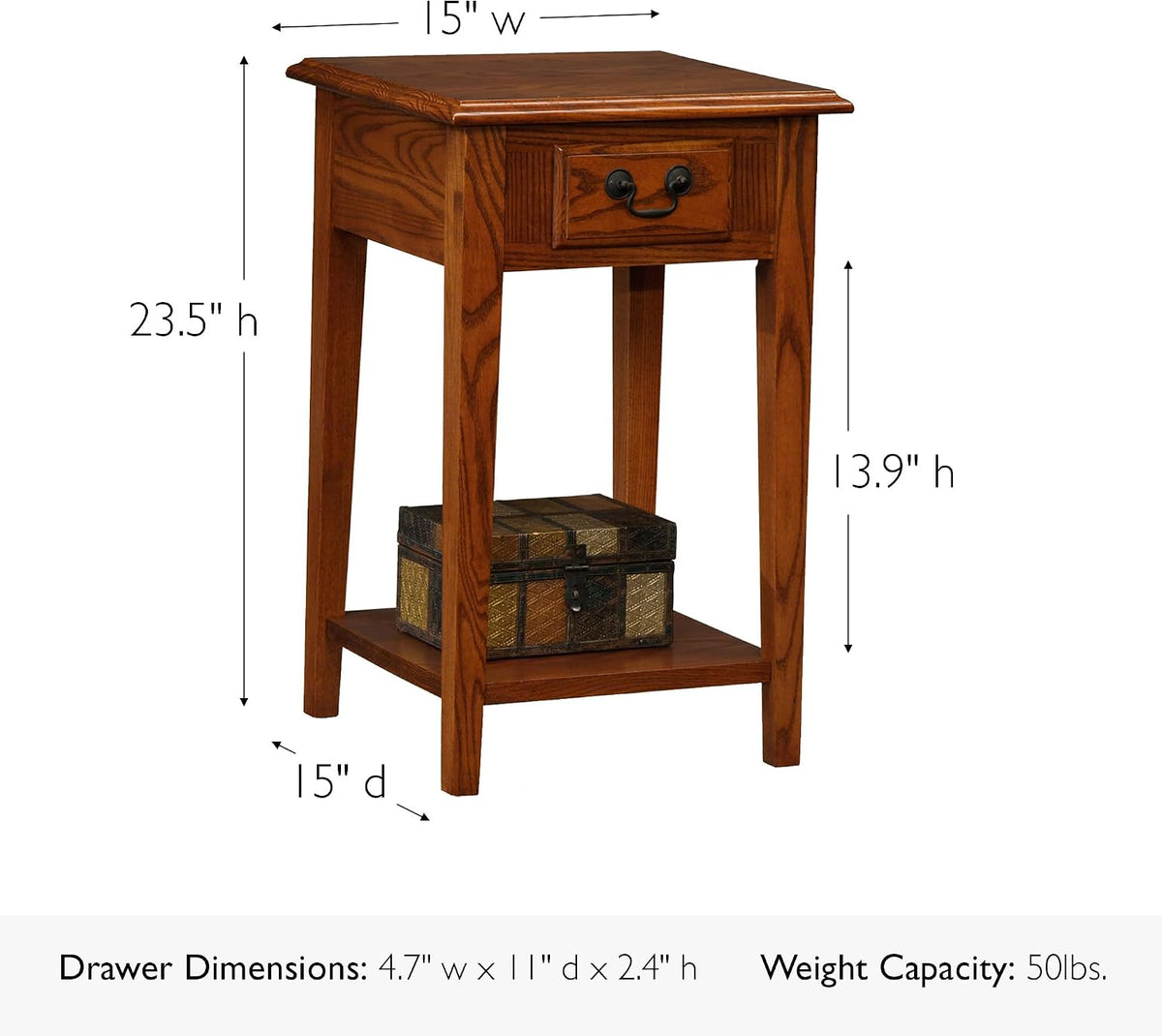 Haven Ridge Solid Wood Square Side Table with Drawer and Shelf, Medium Oak Brown, Perfect for Living Rooms, Bedrooms, and Small Spaces – Leick Home, 9041-MED