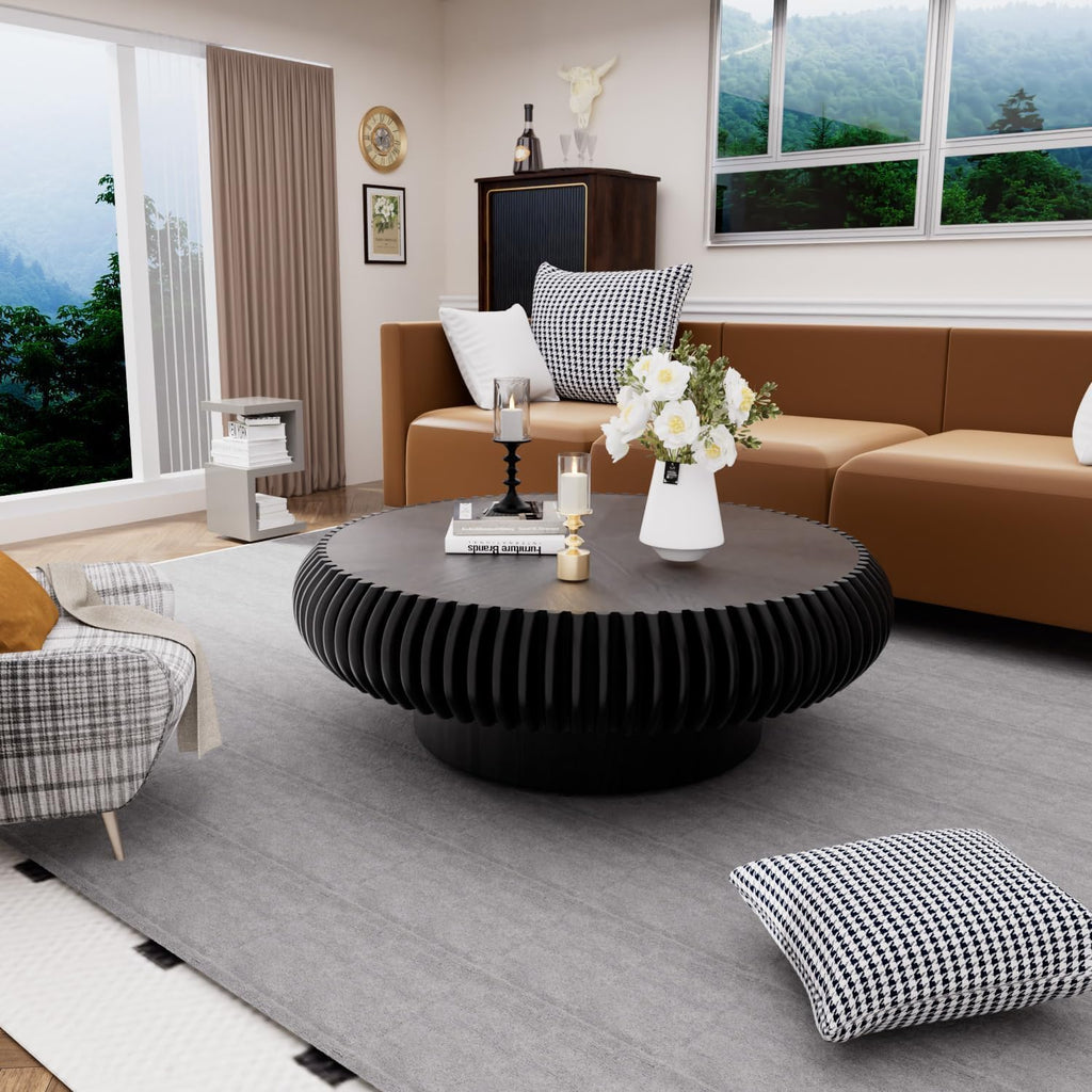 Black Round Drum Coffee Table Modern Circle Drum Fluted Wood Tea Table, Contemporary Center Table for Living Room (A Black 39.37' inch)