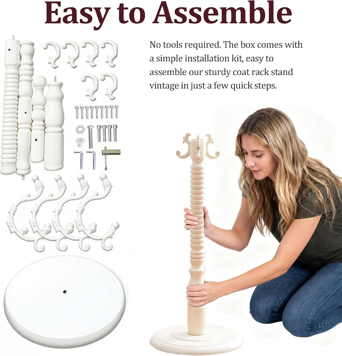 Wooden Vintage Coat Rack Freestanding,Coat Rack Stand With 18 Hooks And Sturdy Round Solid Wood Base，Three-level Adjustable for Bedroom, Living Room, Entrance and Office(Retro White, 1 PCS)