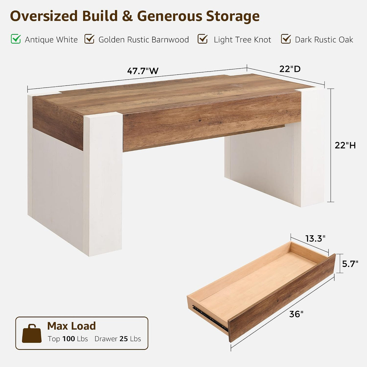 OKD 48' Modern Farmhouse Coffee Table, Wooden Living Room Table with Hidden Storage Drawer, Rustic Rectangular Center Tables with Wood Thick Design for Living Room, Office, Antique White