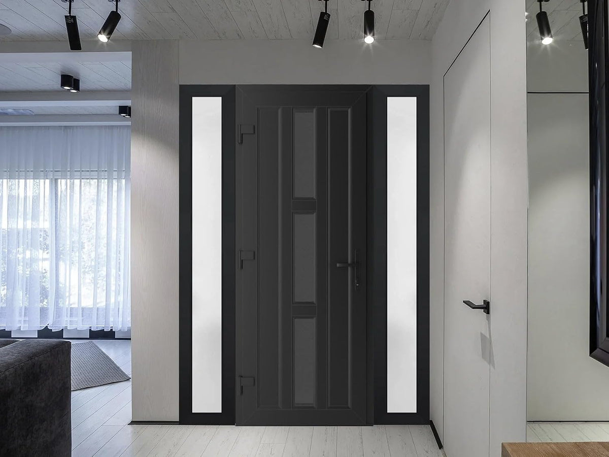VDOMDOORS Front Exterior Prehung Metal-Plastic Door Frosted Glass | Manux 8112 Matte Black | 2 Side Sidelite Transoms | Residential Doors Entrance Patio Garage 60 x 80 (W12+36+12 x H80) Right-Inswing