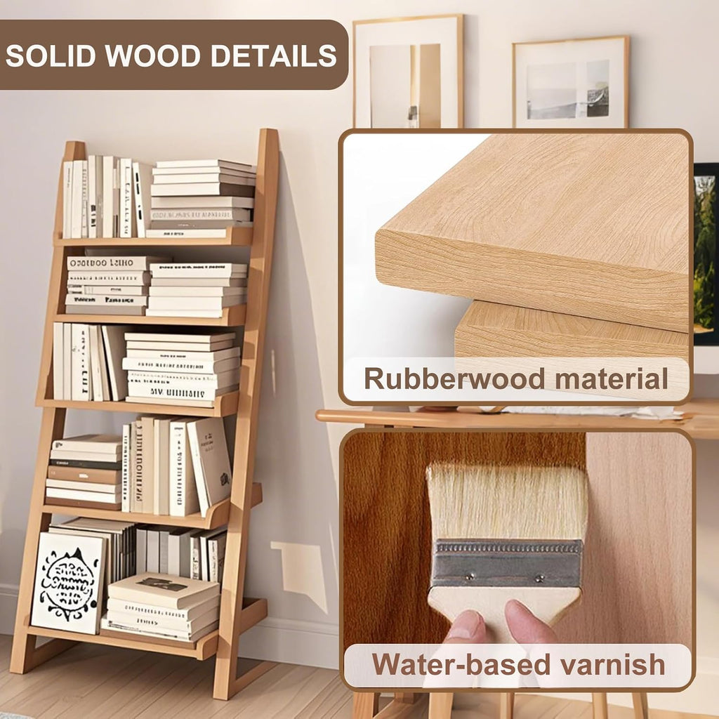 Ladder Shelf Bookcase, 5 Tier Wooden Ladder Bookshelf Space-Saving, Freestanding Storage Rack Organizer for Living Room, Home Office and Bedroom, Wood Color