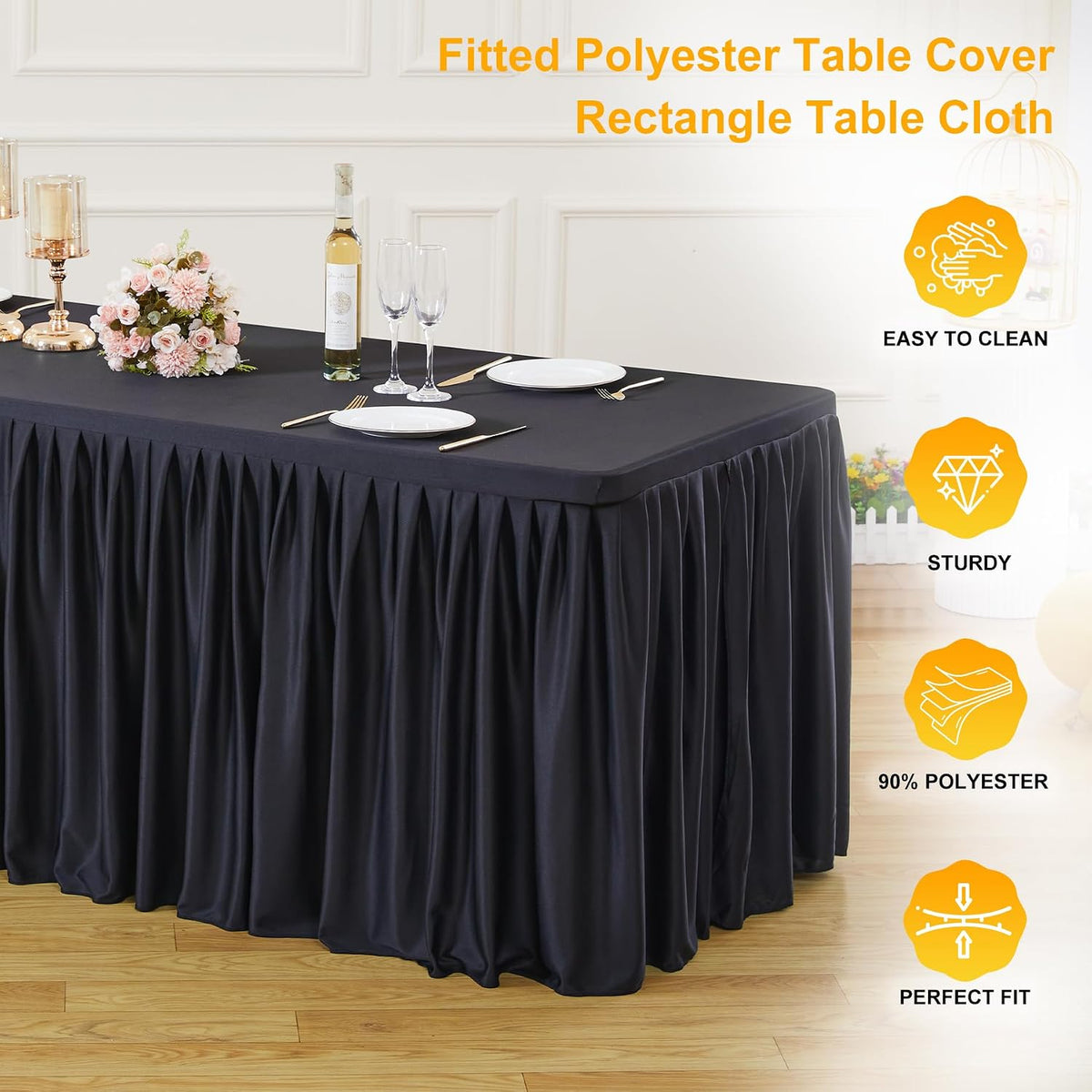 Wish Care 4 Pack Black Rectangle Table Clothes for 8 Foot Tables, Polyester Fitted Tablecloths 8ft Stretch Table Cover for Wedding, Birthday, Parties, Trade Show, Craft Show