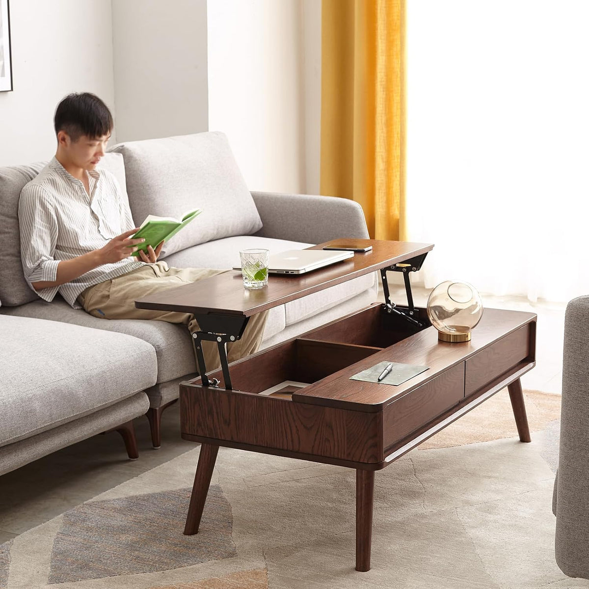 100% Solid Wood Lift Top Coffee Table for Living Room, Mid Century Modern Tables with Drawers and Large Storage, Oak Wood Coffee Tables for Small Spaces (Oak Walnut Color, 47.24'W x 23.62'D x 25.59'H)