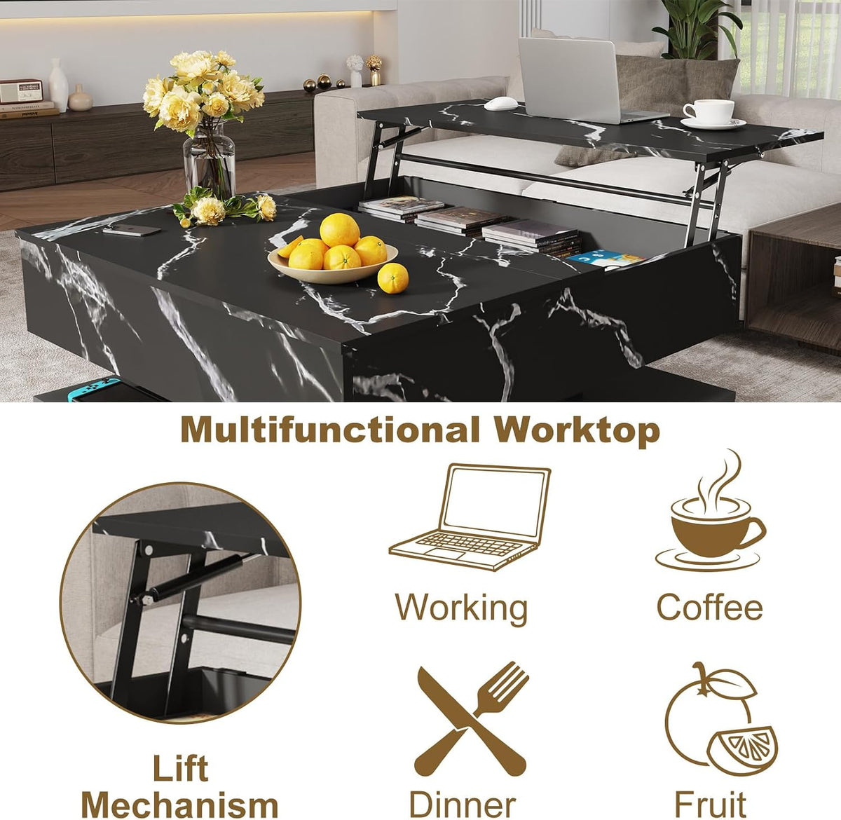 35.4' Large Square Coffee Table with Lifting top,Charging Station,Modern 2-Tier Square Center Table w/Hidden Compartment Storage,Tea Table with Wood Grain for Living Room, Office,Black Marble
