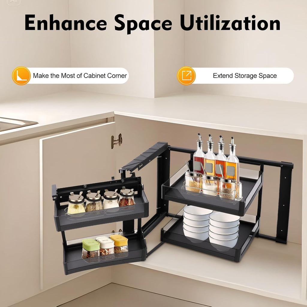 Blind Corner Cabinet Pull Out Organizer 2 Tier with 4 Detachable Shelves Magic Pull Out Deep Corner Cabinet Organizer Narrow Blind Cabinet Pull Out (Aluminum, Left/Right Open)