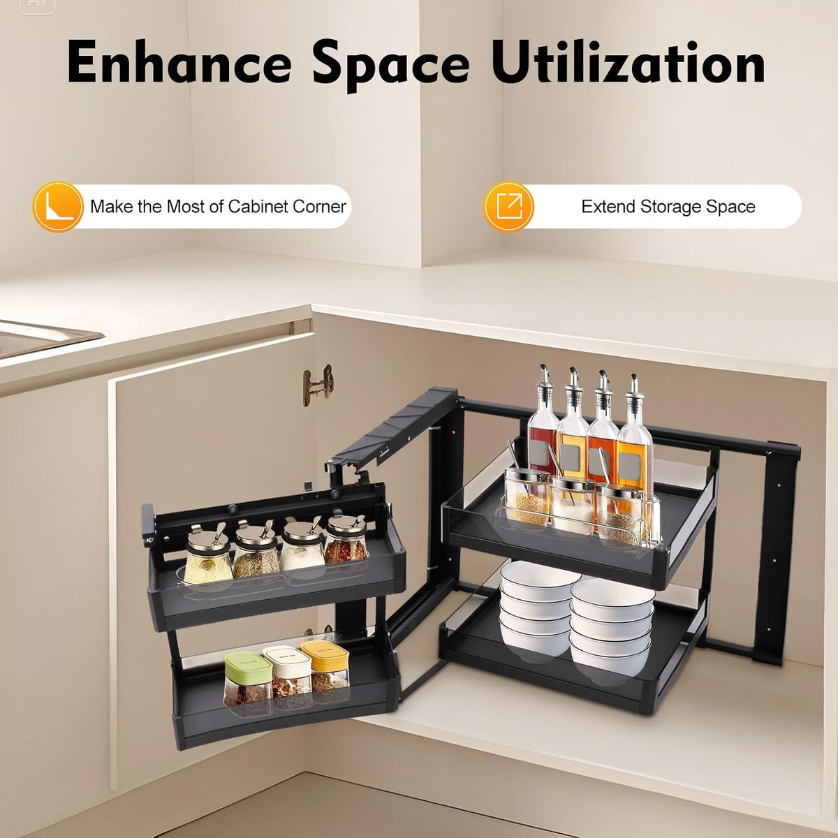 Blind Corner Cabinet Pull Out Organizer 2 Tier with 4 Detachable Shelves Magic Pull Out Deep Corner Cabinet Organizer Narrow Blind Cabinet Pull Out (Aluminum, Left/Right Open)