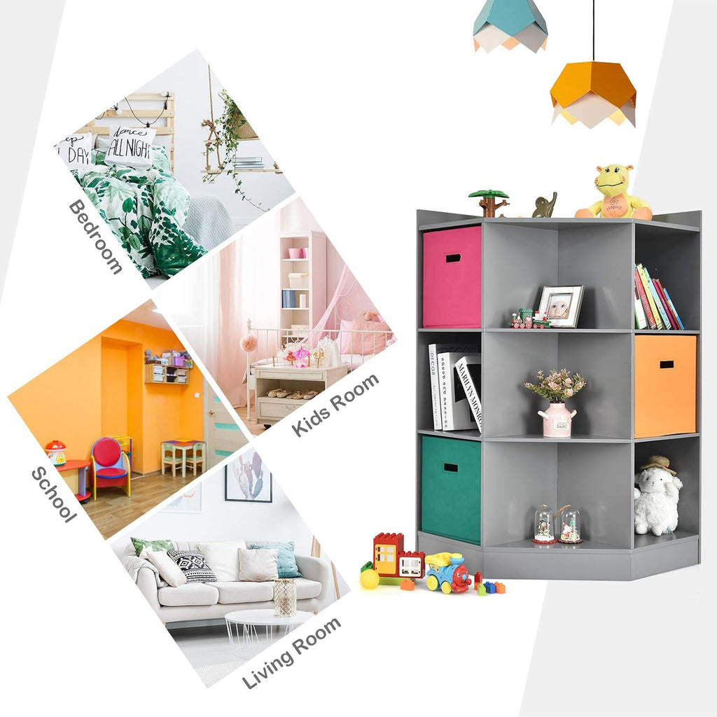 HONEY JOY Kids Toy Storage Organizer, 9-Cubby Toy Bin Organization Storage Cabinet w/Display Shelf & 3 Removable Basket, Wooden Corner Storage Unit for Playroom, Kids Bedroom, Nursery Daycare(Gray)