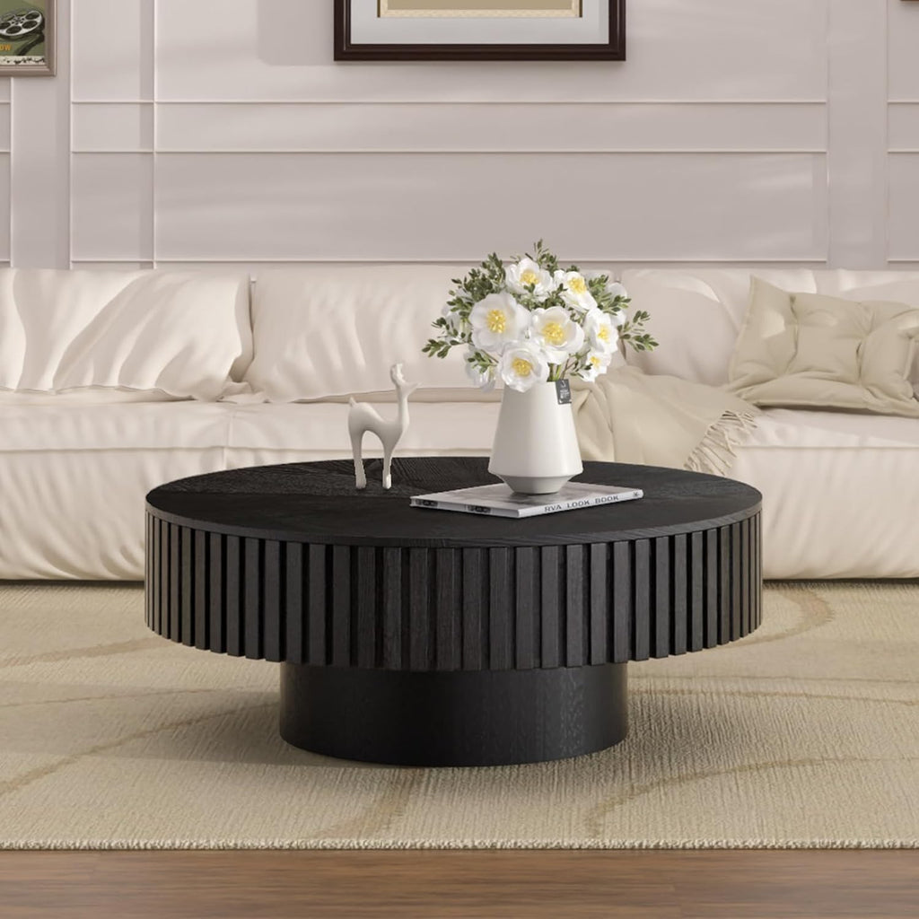 Round Handcraft Fluted Coffee Table with Sturdy Stable Pedestal Modern Luxury Drum Center Table Circle Accent Base Center Tables for Living Room Apartment (J)