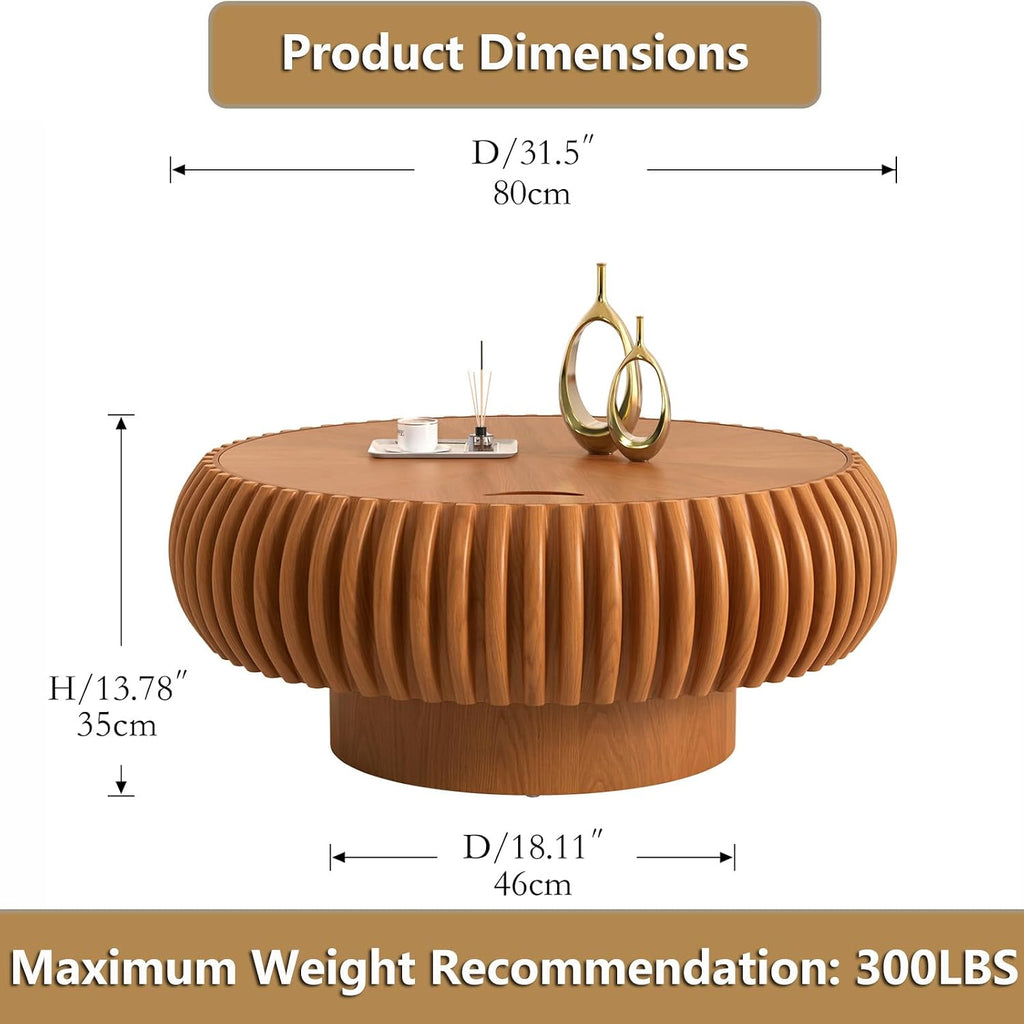 Round Handcraft Fluted Coffee Table with Sturdy Stable Pedestal Modern Luxury Drum Center Table Circle Accent Base Center Tables for Living Room Apartment (Q)