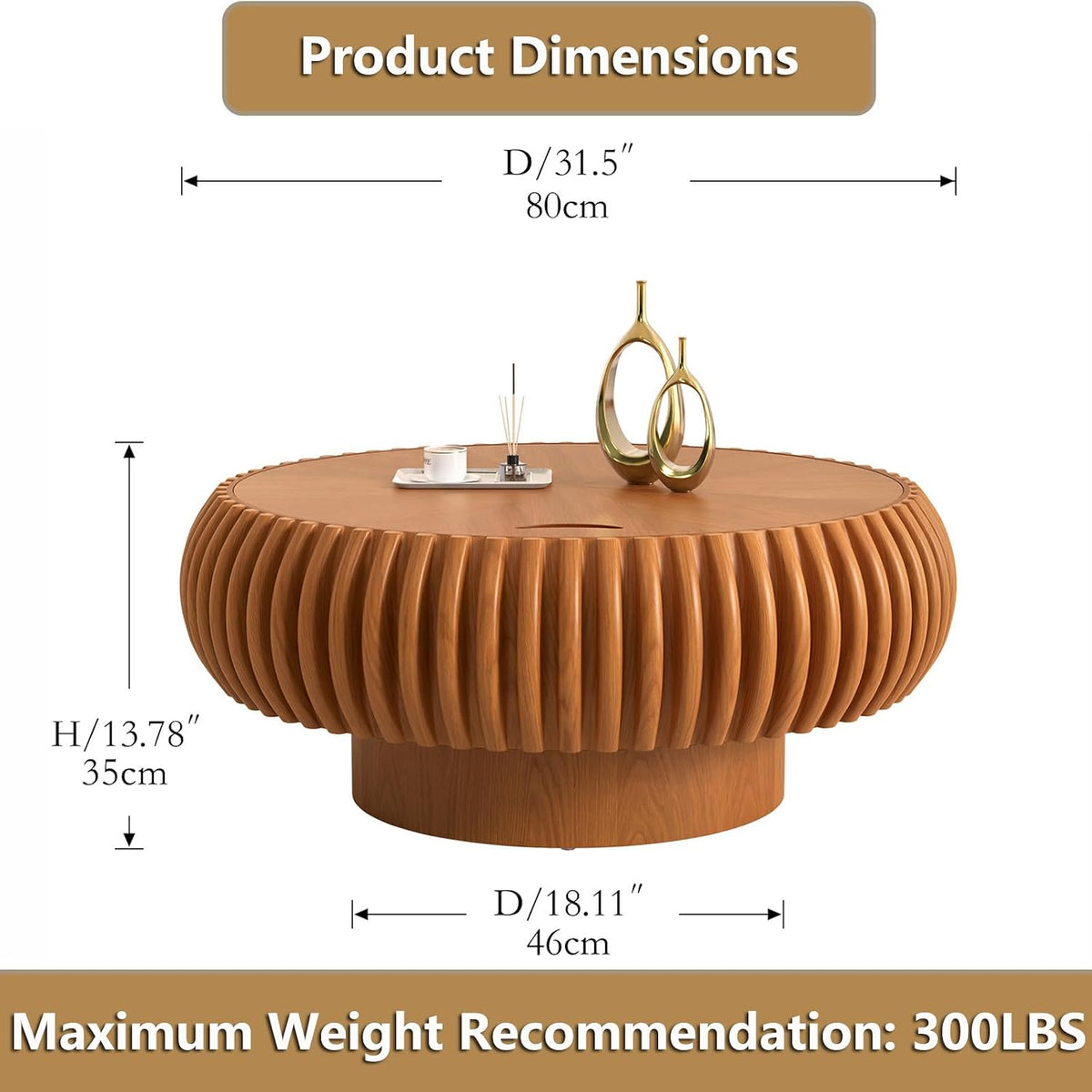 Round Handcraft Fluted Coffee Table with Sturdy Stable Pedestal Modern Luxury Drum Center Table Circle Accent Base Center Tables for Living Room Apartment (Q)