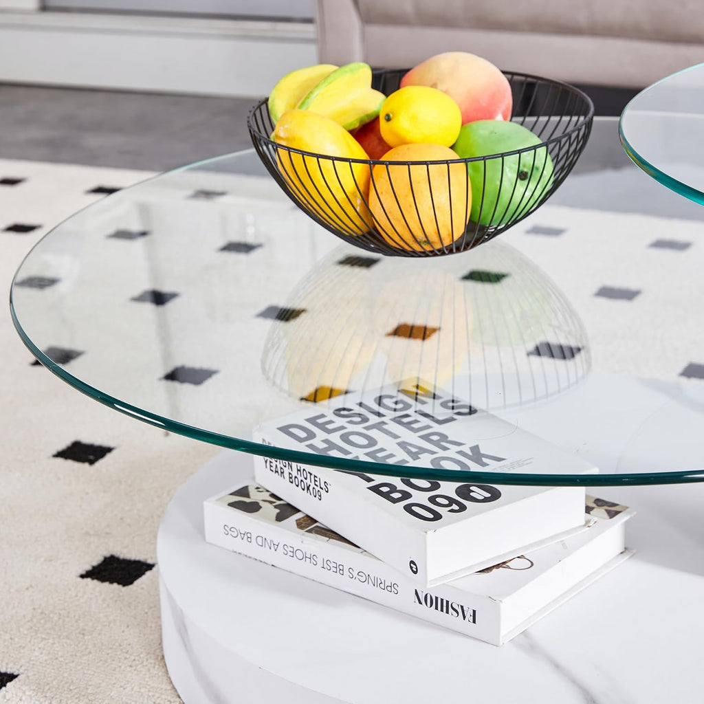 Ebullient Modern Round Glass Coffee Table, 3-Tier Wood Base Geometric Center Table for Living Room, Contemporary Accent Furniture, 42 Inch