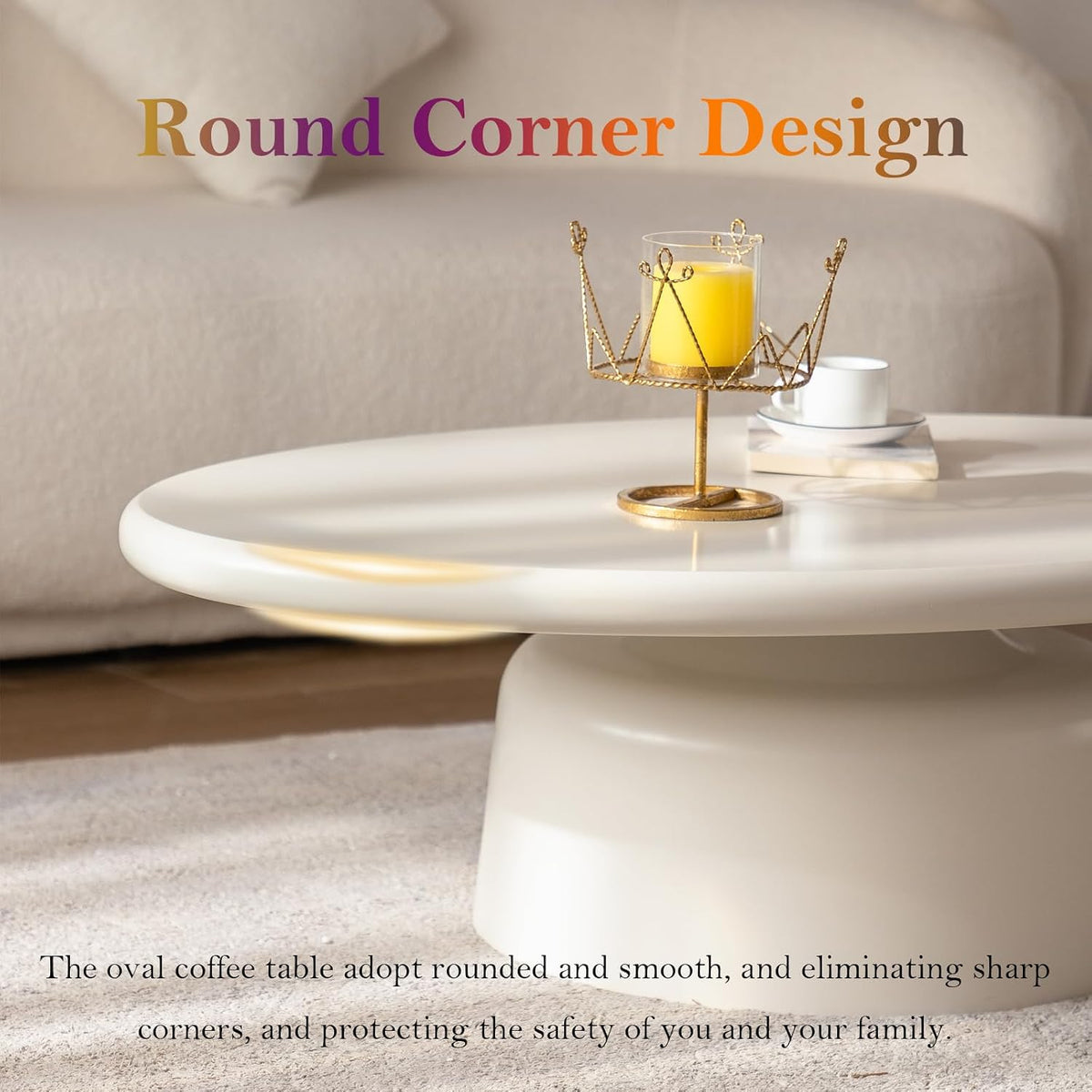 Chic Coffee Table with Smooth Fininsh & Stable Large Base, Minimalism Low Center Table for Farmhouse Living Room (J-Oval)