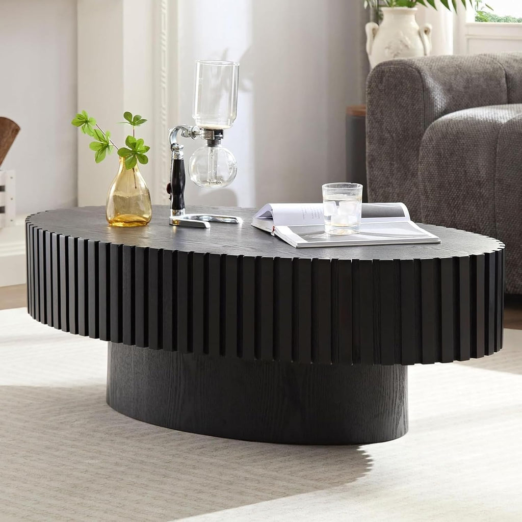 WXFKLDJ Oval Drum Coffee Table Black Fluted Coffee Table Wood Circle Center Table Pedestal End Table for Apartment Living Room (Black Oval)