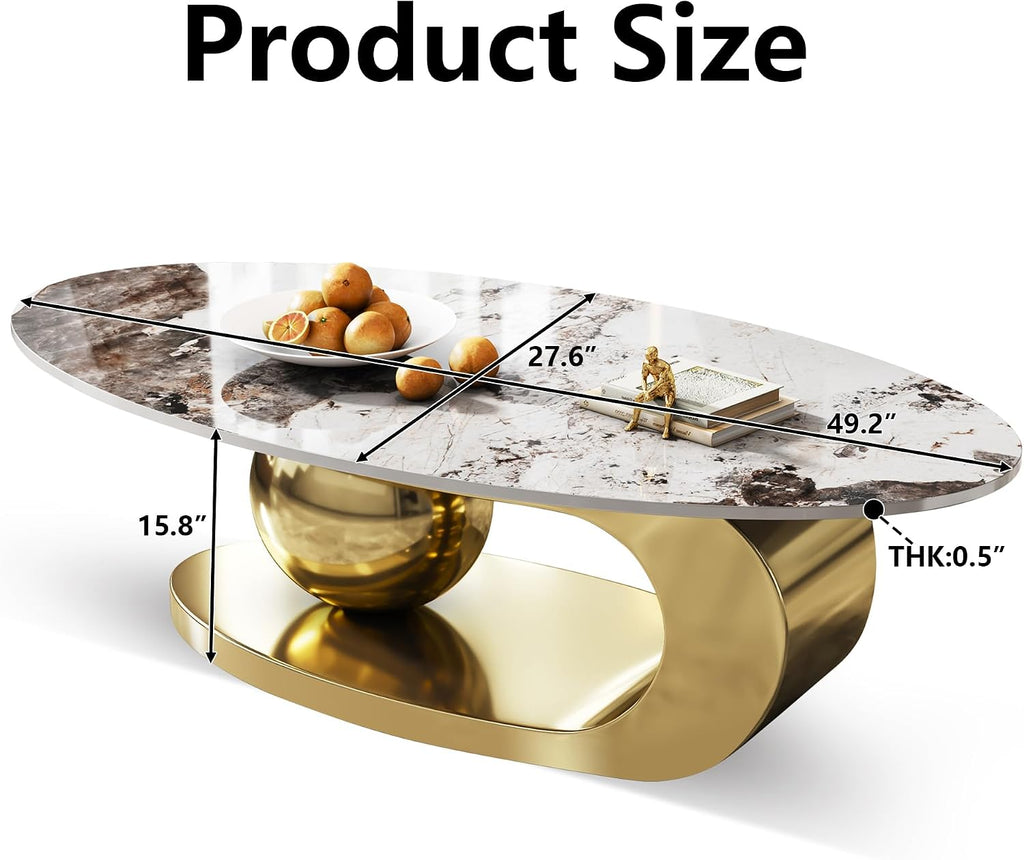 Gold Oval Coffee Table with Stainless Steel Legs,49' Faux Marble Coffee Table with Spherical Base,Luxury Coffee Tables for Living Room